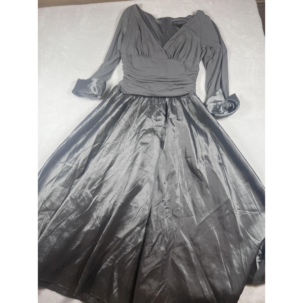 Jessica Howard Dress Womens 4 Silver Satin Ruched V Neck Long Sleeve Maxi Gown - Picture 6 of 16